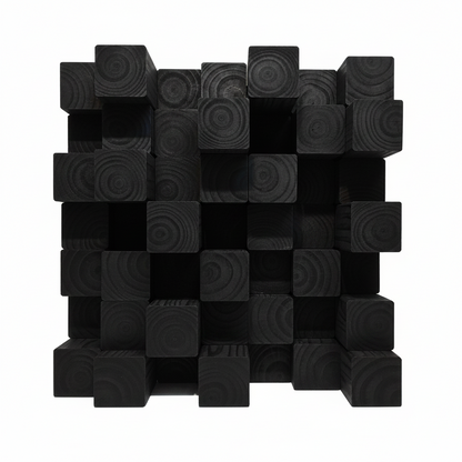 A black wooden acoustic diffuser made of stacked square blocks with visible wood grain patterns, set against a plain white background.