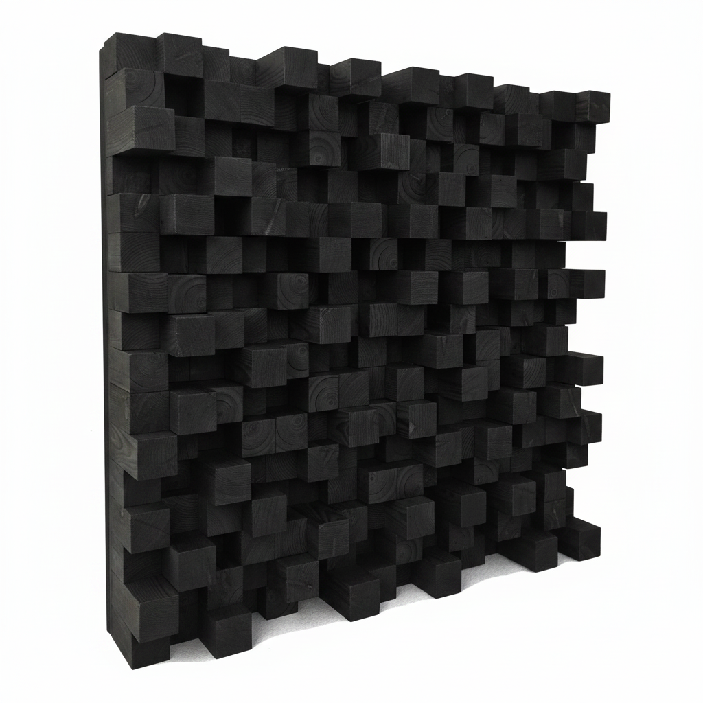 Black wooden acoustic wall panel with a 3D block pattern, shown on a solid white background.