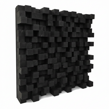 Black wooden acoustic wall panel with a 3D block pattern, shown on a solid white background.