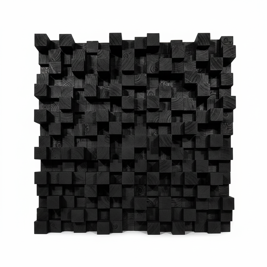 A black wooden geometric wall diffuser featuring a textured grid of 3D cubes with visible wood grain, set against a plain white background.