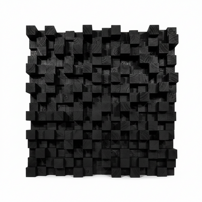 A black wooden geometric wall diffuser featuring a textured grid of 3D cubes with visible wood grain, set against a plain white background.