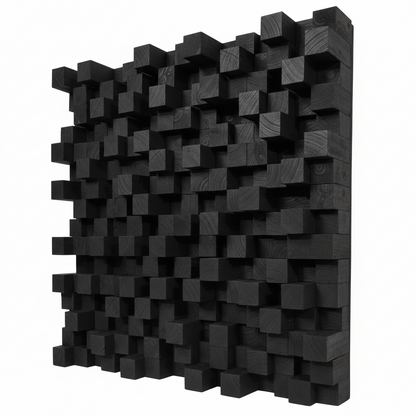 A black 3D geometric Skyline Diffuser wall panel made of interlocking wooden cubes with visible wood grain, shown against a plain white background.