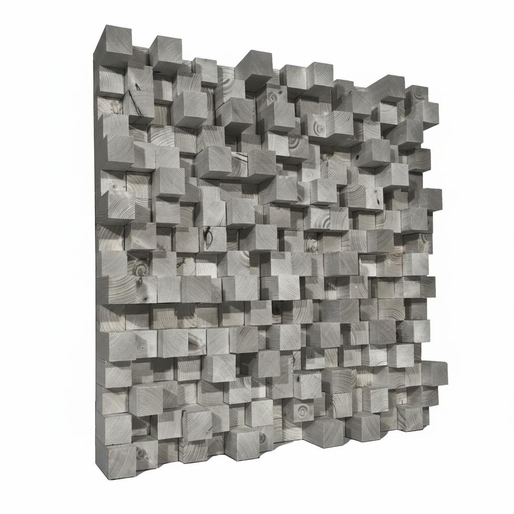 A square wooden Skyline Diffuser made of many raised and recessed gray wood blocks with visible grain, shown on a plain white background.