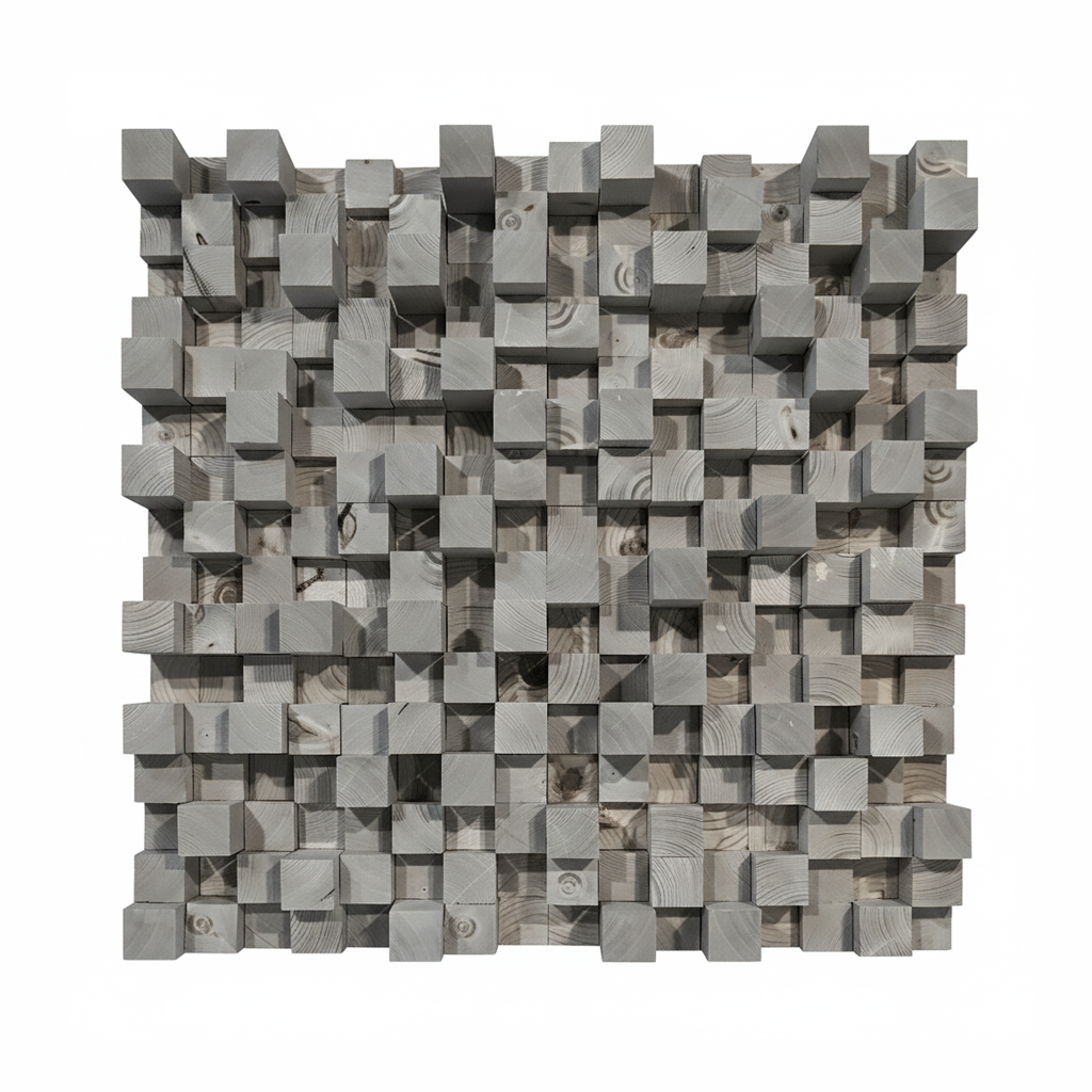 A square 3D wooden  Skyline Diffuser featuring a textured grid of gray wood cubes with visible grain patterns, isolated on a white background.